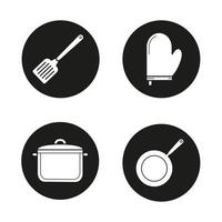 conjunto de iconos de utensilios de cocina. equipo de cocina. espátula, agarradera, cacerola, sartén. ilustraciones de siluetas blancas vectoriales en círculos negros vector