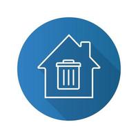House with trashcan inside flat linear long shadow icon. Garbage removal service. Vector outline symbol