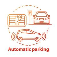 Automatic parking concept icon. Driverless car navigation. Smart car-maneuvering system. Self-driving feature idea thin line illustration. Vector isolated outline drawing. Editable stroke