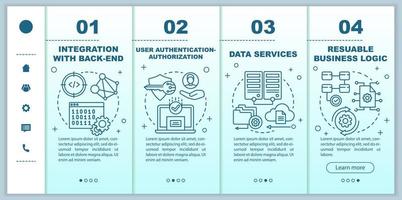 Integration with back-end onboarding mobile web pages vector template. Responsive smartphone website interface idea with linear illustrations. Webpage walkthrough step screens. Color concept