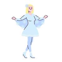 Girl dressed in snowflake costume flat vector illustration. Winter season cartoon character with outline elements isolated on white background. Festive X-mas oufit. Christmas carnival costume