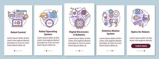 Robotics courses onboarding mobile app page screen with linear concepts. Robots learning and development walkthrough steps graphic instructions. UX, UI, GUI vector template with illustrations