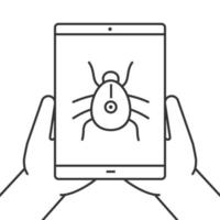 Hands holding tablet computer linear icon. Computer virus. Thin line illustration. Tablet computer with spider. Contour symbol. Vector isolated outline drawing