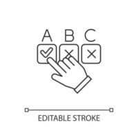 Choosing option linear icon. Hand picking checkbox. Selecting answer. Online survey. Click button. Voting. Thin line illustration. Contour symbol. Vector isolated outline drawing. Editable stroke