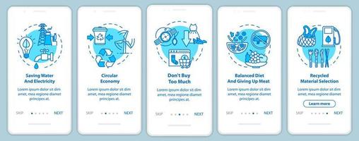 Responsible consumption onboarding mobile app page screen with concepts. Recycle, ecology. Consumerism walkthrough 5 steps graphic instructions. UI vector template with RGB color illustrations