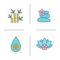 Spa salon color icons set. Aromatherapy. Stones massage, aroma oil drop, spa flowers and bamboo. Isolated vector illustrations