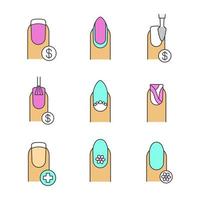 Manicure color icons set. Nail salon service prices, almond shaped with reverse moon, water marbling, floral design manicure. Isolated vector illustrations