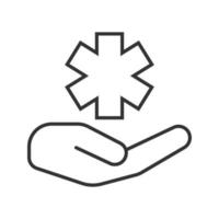 Open hand with star of life linear icon. Thin line illustration. Medical services. Health care contour symbol. Vector isolated outline drawing