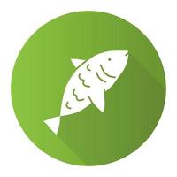 Raw fish green flat design long shadow glyph icon. Saltwater animal with fins, gills and scales vector silhouette illustration. Marine cuisine, fishing symbol. Delicious natural seafood, tasty eating