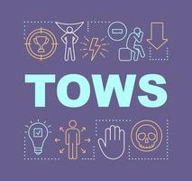 TOWS purple word concepts banner. Strength, weakness, opportunity, threat. Presentation, website. Starting project. Isolated lettering typography idea with linear icons. Vector outline illustration
