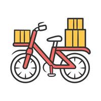 Bicycle delivery color icon. Bike with parcel packages. Bicycle messenger, cycle courier. Express bike shipping. Postal service. Isolated vector illustration
