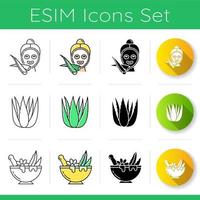 Aloe vera icons set. Female spa treatment. Succuletn and cactus. Medicinal herbs products. Dermatology and skincare. Vegan cosmetic. Linear, black and RGB color styles. Isolated vector illustrations