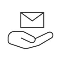Open hand with envelope linear icon. Thin line illustration. Free email services. Contour symbol. Vector isolated outline drawing