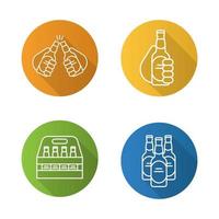 Beer flat linear long shadow icons set. Cheers, box, toasting hands with beer bottles. Vector line symbols