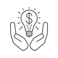 Open palms with light bulb and dollar sign linear icon. Business idea. Thin line illustration. Contour symbol. Vector isolated outline drawing