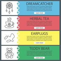 Sleeping accessories web banner templates set. Dreamcatcher, herbal tea, earplugs, teddy bear. Website color menu items with linear icons. Vector headers design concepts