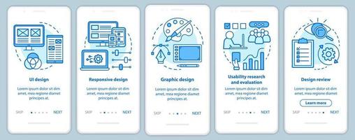 Software development onboarding mobile app page screen vector template. Application programming. Walkthrough website steps with linear illustrations. UX, UI, GUI smartphone interface concept