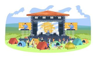Summer camping DJ festival flat vector illustration. People at electronic music fest campground. Open air concert. Summertime fun outdoor activity. Scene, tent city, audience cartoon characters