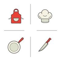 Chef's equipment color icons set. Cooking items. Toque, apron, frying pan, knife. Isolated vector illustrations