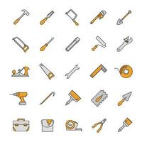 Construction tools color icons set. Renovation and repair instruments. Spanner, shovel, hammer, paint brush, measuring tape, chisel, crowbar. Isolated vector illustrations