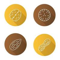 Nuts types flat linear long shadow icons set. Walnut, nutmeg, almond, peanut. Vector outline illustration