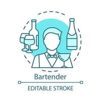 Bartender concept icon. Barman, barkeeper idea thin line illustration. Restaurant, bar staff. Catering business. Wine, alcoholic beverage in bottle. Vector isolated outline drawing. Editable stroke