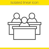 Audience linear icon. Thin line illustration. Lecture hall. Students conference contour symbol. Desks. Vector isolated outline drawing