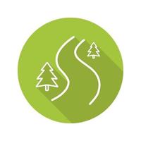 Winding country road. Flat linear long shadow icon. Forest path with fir trees. Vector line symbol