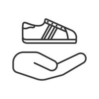 Open hand with sneaker linear icon. Thin line illustration. Shoes store. Contour symbol. Vector isolated outline drawing