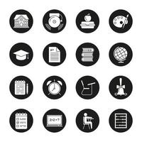 School and education glyph icons set. Abacus, pupil, school bell and building, books, test paper, lunch box, globe, square academic cap. Vector white silhouettes illustrations in black circles