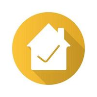 Checked house flat design long shadow glyph icon. Home building with check mark inside. Vector silhouette illustration