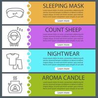 Sleeping accessories web banner templates set. Sheep, aroma candle, pajamas, sleeping mask. Website color menu items with linear icons. Vector headers design concepts