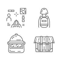 Online game inventory linear icons set. Safety helmet, package, container, shooter from first person, tactical backpack. Thin line contour symbols. Isolated outline illustrations. Editable stroke vector