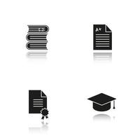 High education drop shadow black glyph icons set. Student's graduation hat, diploma, test with excellent mark, books stack. Isolated vector illustrations