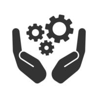 Open palms with cogwheels glyph icon. Teamwork silhouette symbol. Technological process. Negative space. Vector isolated illustration