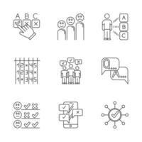 Survey linear icons set. Checkbox. Question, answer. Satisfaction level. Feedback. Mass survey. Online poll. FAQ sign. Thin line contour symbols. Isolated vector outline illustrations. Editable stroke