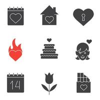 Valentine's Day icons set. Silhouette symbols. February 14 calendar, heart with keyhole, house, passion, holiday cake, girl in love, tulip, chocolate bar. Vector isolated illustration