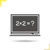 School blackboard glyph icon. Drop shadow silhouette symbol. Blackboard with pointer and piece of chalk. Negative space. Vector isolated illustration