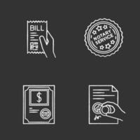 Notary services chalk white icons set on black background. Apostille and legalization. Notarized document. Stock certificate. Bill, receipt. Stamp. Validation. Isolated vector chalkboard illustrations