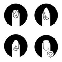 Manicure types glyph icons set. Water marbling, geometric moon manicure, nails with rhinestones and heart shape. Fingernails care. Vector white silhouettes illustrations in black circles