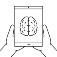 Hands holding tablet computer linear icon. Artificial intelligence. Thin line illustration. Tablet computer with human brain. Contour symbol. Vector isolated outline drawing