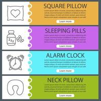 Sleeping accessories web banner templates set. Square and neck pillows, alarm clock, sleeping pills. Website color menu items with linear icons. Vector headers design concepts