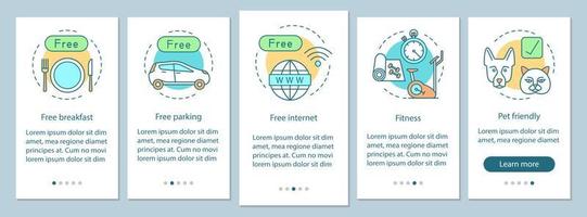 Hotel amenities onboarding mobile app page screen with linear concepts vector