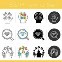 Survey methods icons set. Analysis. Interview. Group administered questionnaire. Personality test. Feedback. Sociology. Glyph design, linear, chalk and color styles. Isolated vector illustrations