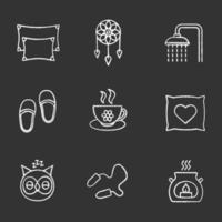 Sleeping accessories chalk icons set. Pillows, dreamcatcher, shower faucet, herbal teacup, sleeping owl, earplugs, aroma candle. Isolated vector chalkboard illustrations