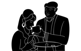 hand drawn character silhouette of karwa chauth couple, Happy karva chauth- hand drawn character silhouette of couple cebrating karwa chauth. vector