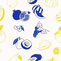 Garabatos de frutas amarillas y azules contrastantes en patrón blanco vector