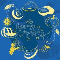 yellow doodles of fruits on a blue background collection vector