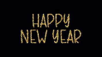 Feliz año nuevo oro brilla y brilla animación 3d de texto con letras a mano 4k sobre fondo negro video