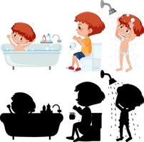 Set of a boy cartoon character doing different activities with its silhouette vector